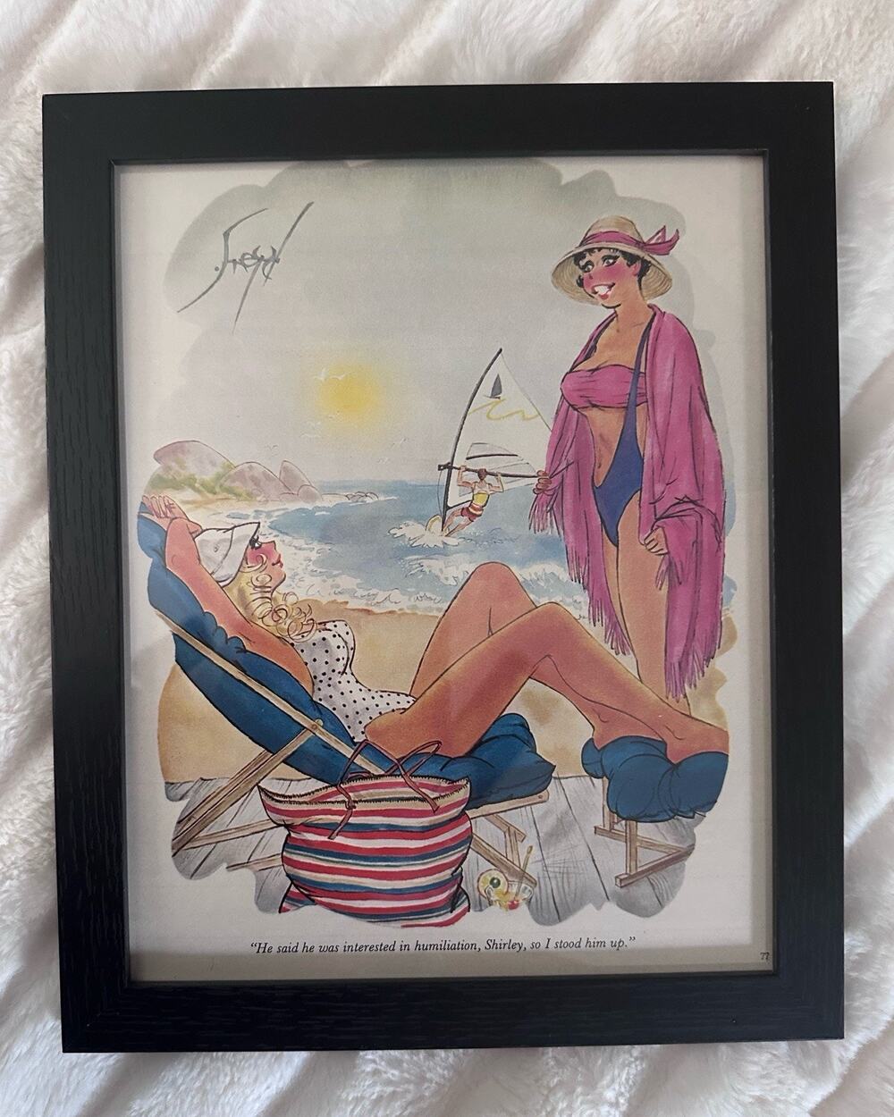 Framed Playboy Magazine 1970s Cartoon Doug Sneyd Beach Adult 9x11